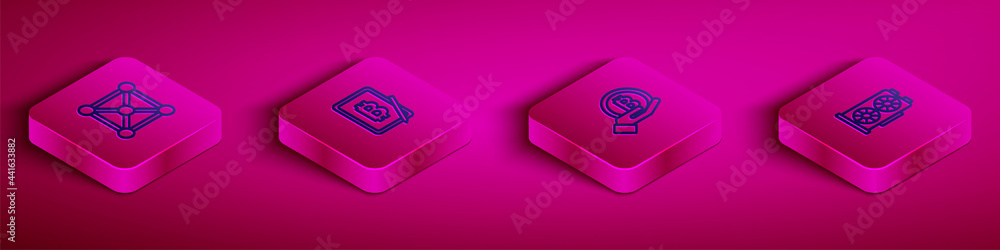 Set Isometric line Blockchain technology, Mining bitcoin from tablet, Hand holding Bitcoin and Video graphic card icon. Vector Set Isometric line Blockchain technology, Mining bitcoin from tablet, Hand holding Bitcoin and Video graphic card icon. Vector