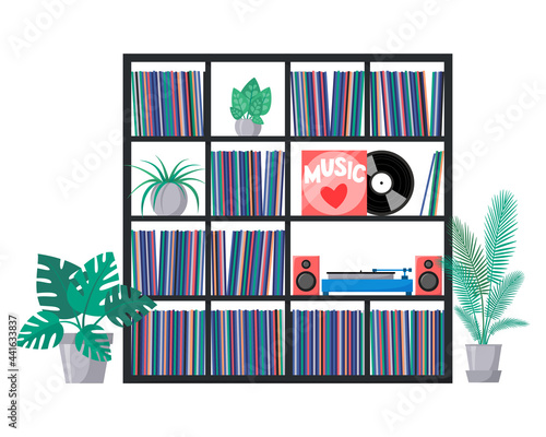 Vinyl collection on shelves with turntable and acoustic system. Stacks of music records in sleeves. Interior with home plants. Vector