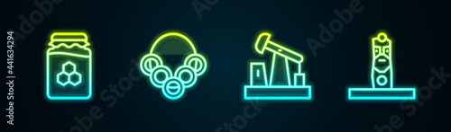 Set line Jar of honey, Russian bagels, Oil pump or pump jack and Slavic pagan idol. Glowing neon icon. Vector