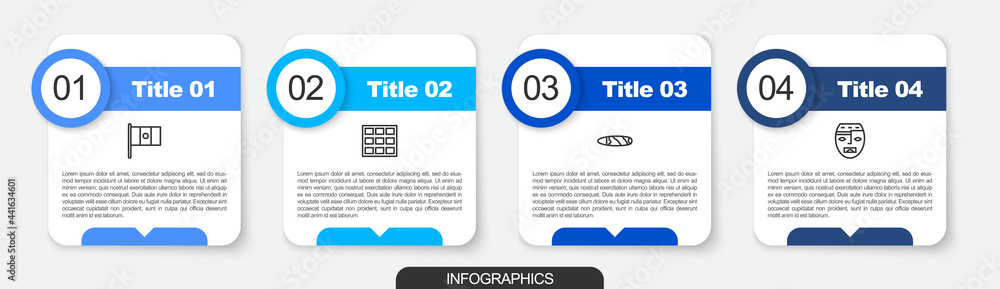 Set line Mexico flag, Chocolate bar, Cigar and Aztec mask. Business infographic template. Vector Set line Mexico flag, Chocolate bar, Cigar and Aztec mask. Business infographic template. Vector