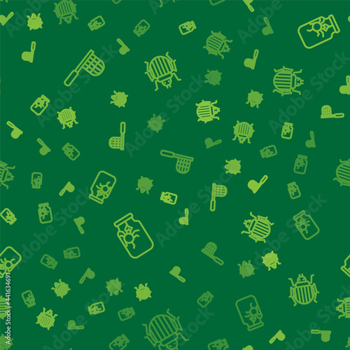 Set line Butterfly net, Spider in jar and Colorado beetle on seamless pattern. Vector