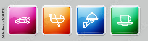Set line Sport racing car, Gondola, Covered with tray of food and Coffee cup. Colorful square button. Vector