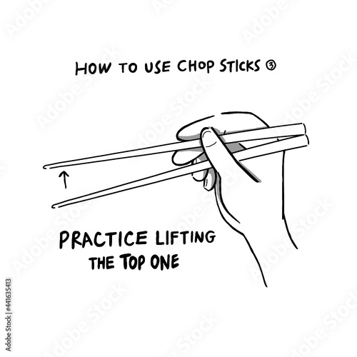 Hand drawn illustration of infographics of how to use chopsticks step 3 in simple drawing  © Mizuho Call