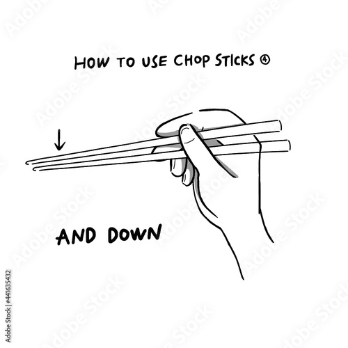 Hand drawn illustration of infographics of how to use chopsticks step 4 in simple drawing 
