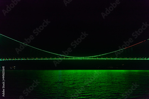 Night glowing bridge with water reflections  Bosphorus Strait  Istanbul Turkey.