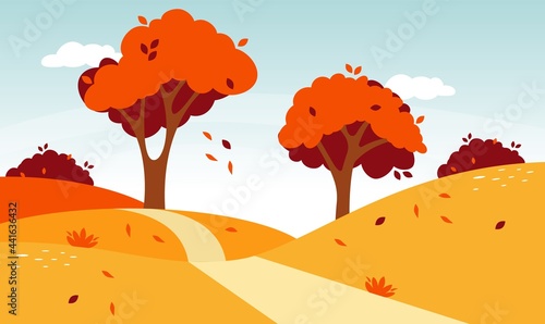 Autumn road landscape. Natural forest landscape. Vector fall foliage nature illustration.