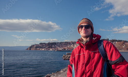 Portrait of a young man at Ohrid Lake (Ohridsko Jezero) during winter months