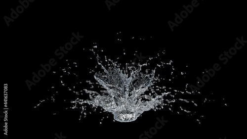 Water Splash Slow motion with droplets on black background. 3d illustration