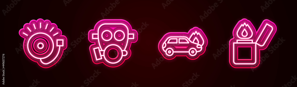 Set line Ringing alarm bell, Gas mask, Burning car and Lighter. Glowing neon icon. Vector Set line Ringing alarm bell, Gas mask, Burning car and Lighter. Glowing neon icon. Vector