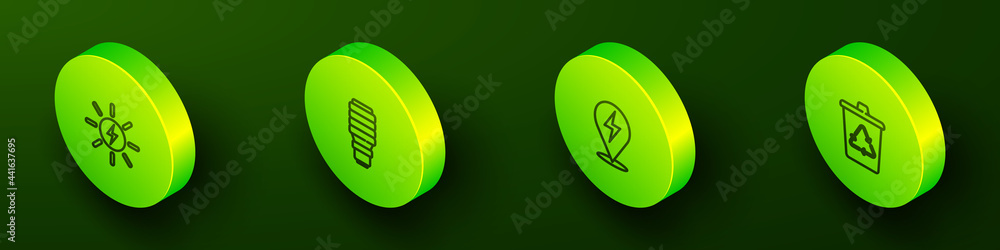 Set Isometric line Solar energy panel, LED light bulb, Lightning bolt and Recycle bin with recycle icon. Vector Set Isometric line Solar energy panel, LED light bulb, Lightning bolt and Recycle bin with recycle icon. Vector