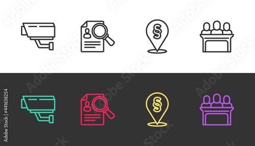 Set line Security camera, Paper analysis magnifying, Location law and Jurors on black and white. Vector