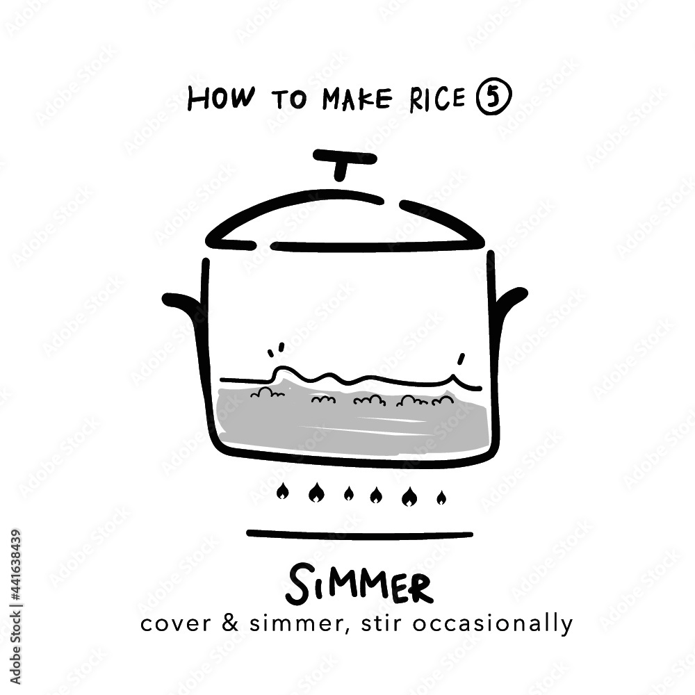 Hand drawn illustration of infographics of how to make rice step 5 in simple drawing Hand drawn illustration of infographics of how to make rice step 5 in simple drawing