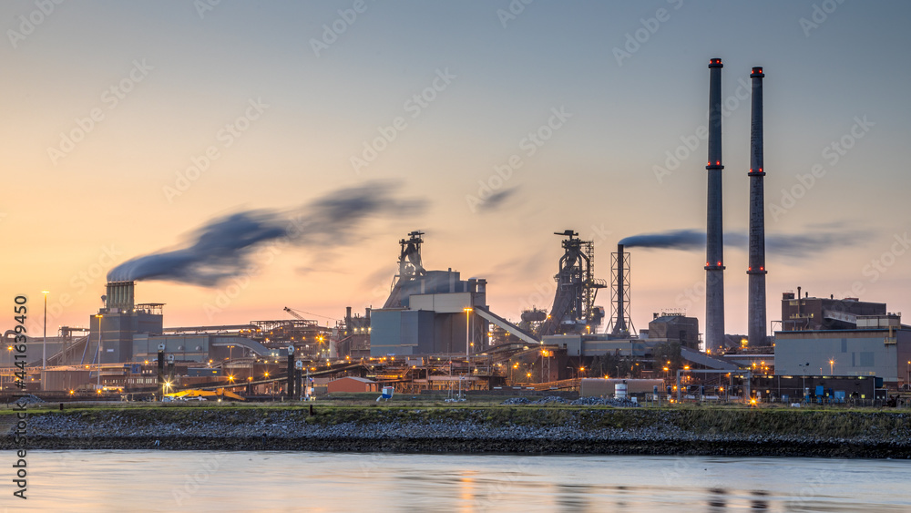 Industrial landscape scene at sunset