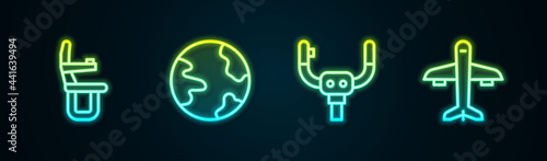 Set line Airplane seat, Worldwide, Aircraft steering helm and Plane. Glowing neon icon. Vector