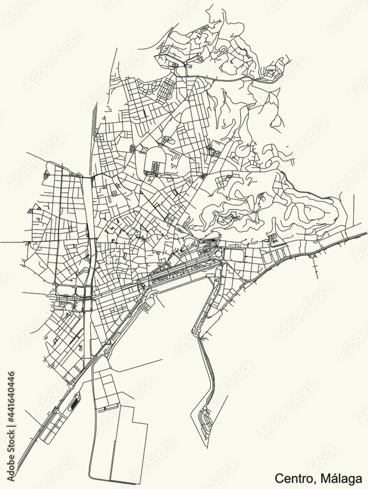 Black simple detailed street roads map on vintage beige background of the quarter Centro district of Malaga, Spain