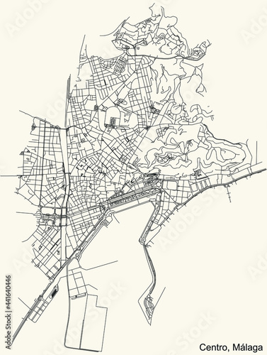 Black simple detailed street roads map on vintage beige background of the quarter Centro district of Malaga  Spain