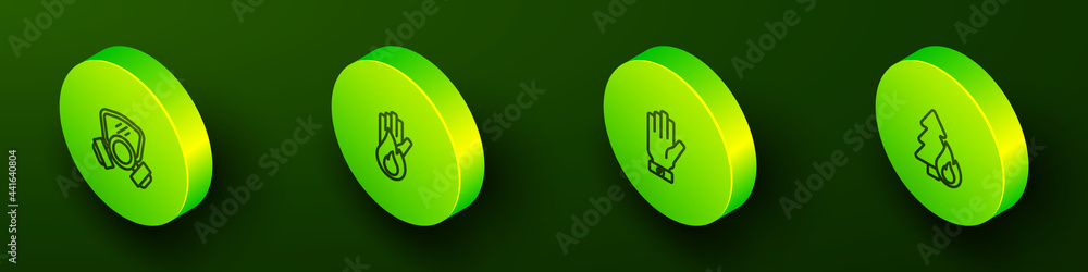 Set Isometric line Gas mask, No fire, Firefighter gloves and Burning forest tree icon. Vector Set Isometric line Gas mask, No fire, Firefighter gloves and Burning forest tree icon. Vector