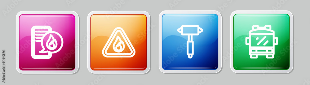 Set line Phone with emergency call 911, Fire flame in triangle, Firefighter axe and truck. Colorful square button. Vector Set line Phone with emergency call 911, Fire flame in triangle, Firefighter axe and truck. Colorful square button. Vector
