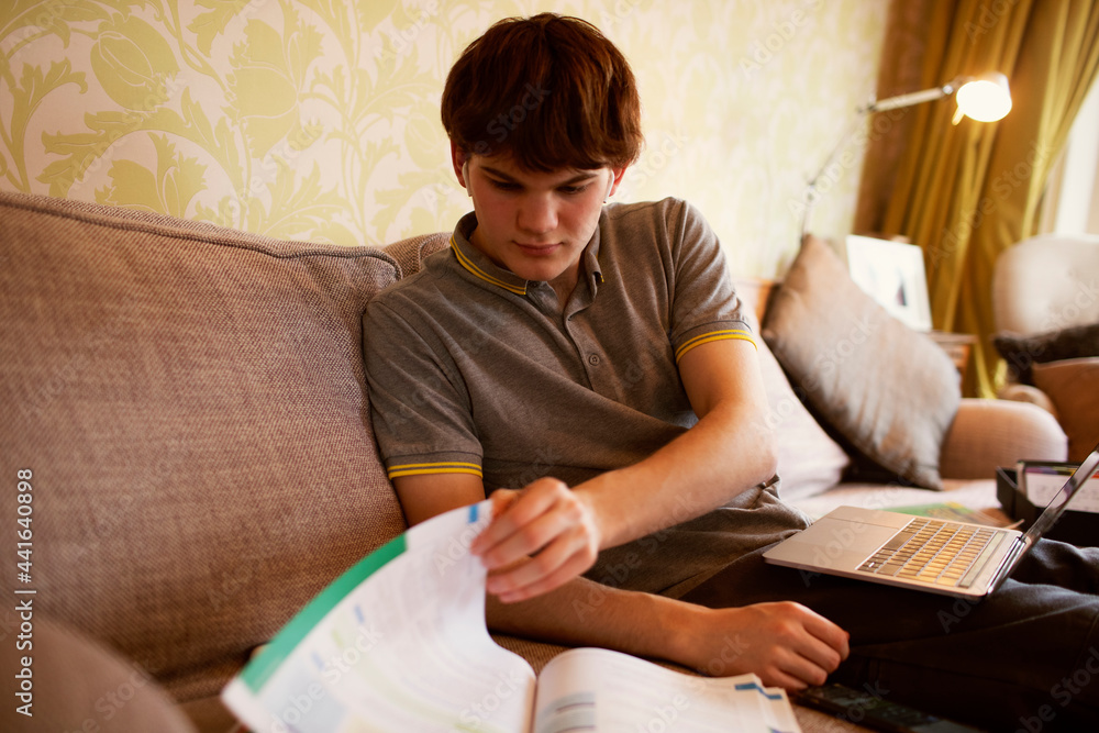 Teenage boy with laptop and textbook studying at home Teenage boy with laptop and textbook studying at home
