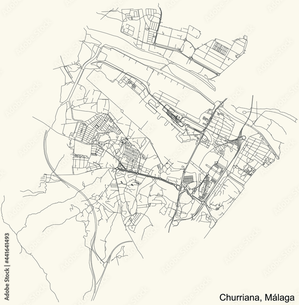 Black simple detailed street roads map on vintage beige background of the quarter Churriana district of Malaga, Spain