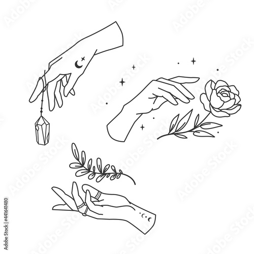 Collection of linear magic hands. Set of hands of fortune teller or witch. Vector illustration