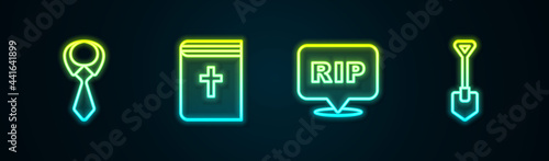 Set line Tie, Holy bible book, Speech bubble rip death and Shovel. Glowing neon icon. Vector