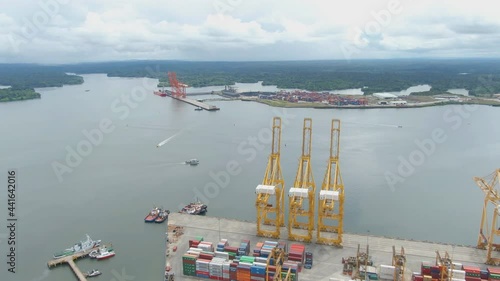 Aerial view of the cargo port of Buenaventura, Valle del Cauca, Colombia. Buenaventura is currently the most important Colombian port on the Pacific Ocean. photo