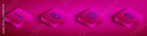 Set Isometric line Shovel, Coffin with cross, Memorial wreath and Funeral urn icon. Vector