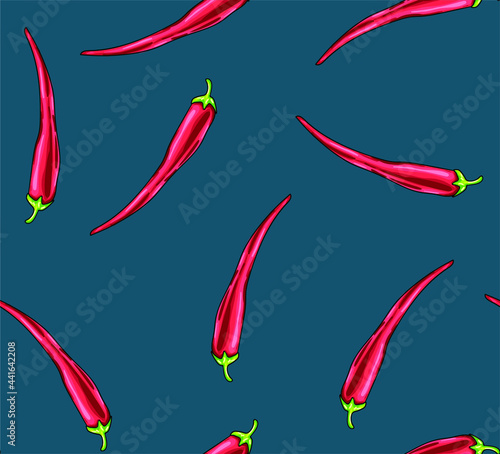 Delicious hand drawn vector red hot chili peppers. Stylish seamless pattern with appetizing food 