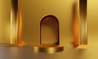 3d rendering illustration of background abstract pedestal gold board, art display mockup product decoration stand wallpaper