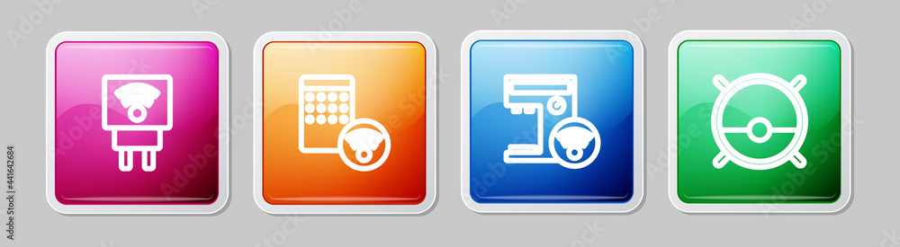 Set line Smart electric plug, Air humidifier, coffee machine and Robot vacuum cleaner. Colorful square button. Vector Set line Smart electric plug, Air humidifier, coffee machine and Robot vacuum cleaner. Colorful square button. Vector