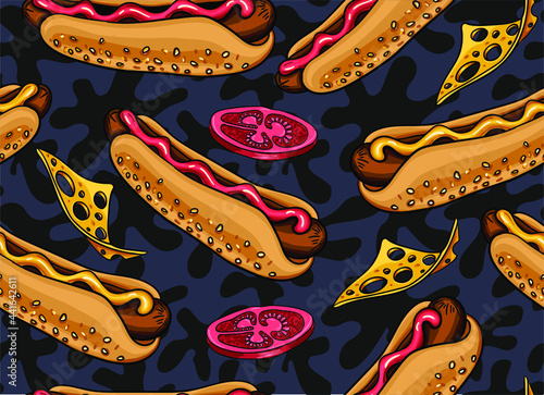 Delicious hand drawn vector hot dogs with ketchup and mustard. Cheese, tomatoes, sausage, bread and sauce. Stylish seamless pattern with appetizing food items. Fast food to eat on the street