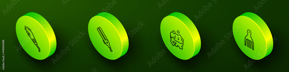 Set Isometric line Electrical hair clipper, Curling iron, Bar of soap with foam and Barrette icon. Vector Set Isometric line Electrical hair clipper, Curling iron, Bar of soap with foam and Barrette icon. Vector