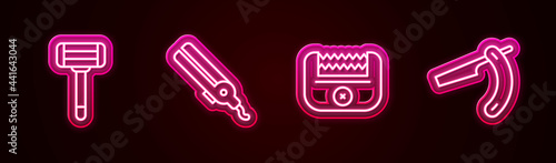 Set line Shaving razor, Curling iron, Electrical hair clipper and Straight. Glowing neon icon. Vector