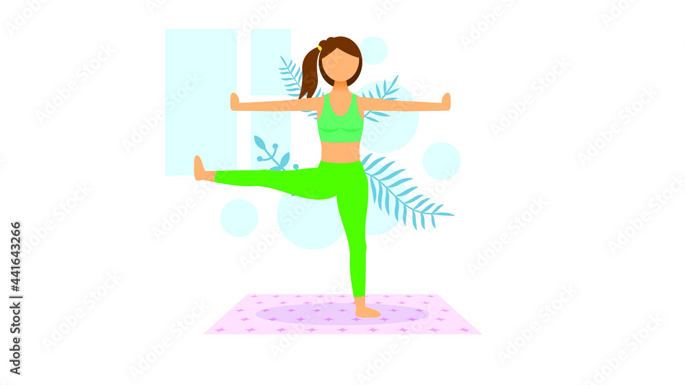 Abstract Flat WoMan On Carpet Cartoon People Character Concept Illustration Vector Design Style With Leaves Physical Exercises Spiritual Sport Practice