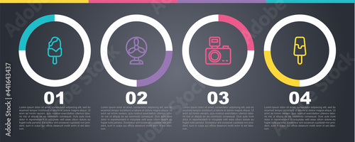 Set line Ice cream, Electric fan, Photo camera with flash and . Business infographic template. Vector