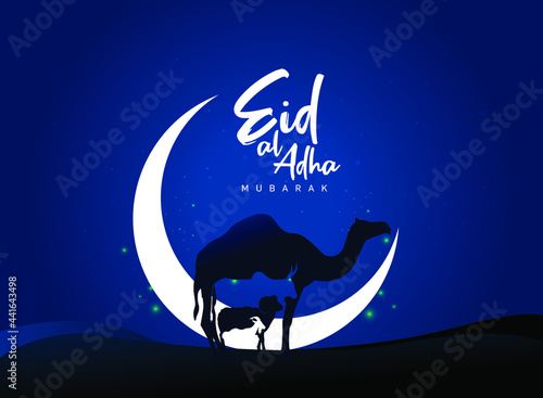 Eid Al Adha Celebration of Muslim holiday Background. The sacrifice a camel, cow, sheep and goat Eid-al-adha concept vector illustration. photo