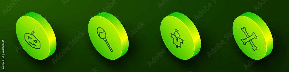 Set Isometric line Pumpkin, Lollipop, Scarecrow and Crossed bones icon. Vector Set Isometric line Pumpkin, Lollipop, Scarecrow and Crossed bones icon. Vector
