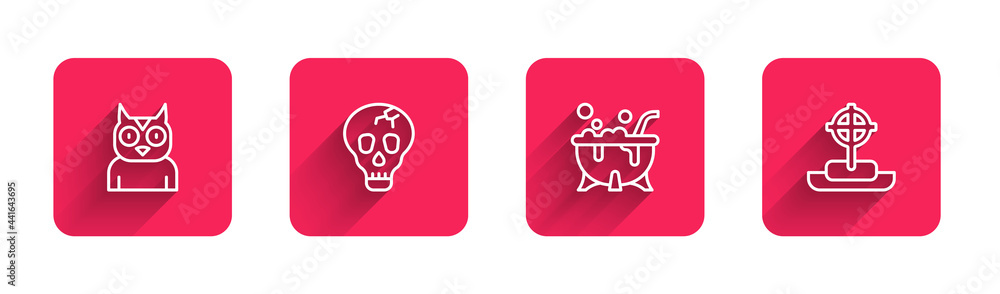 Set line Owl bird, Skull, Halloween witch cauldron and Tombstone with cross with long shadow. Red square button. Vector Set line Owl bird, Skull, Halloween witch cauldron and Tombstone with cross with long shadow. Red square button. Vector