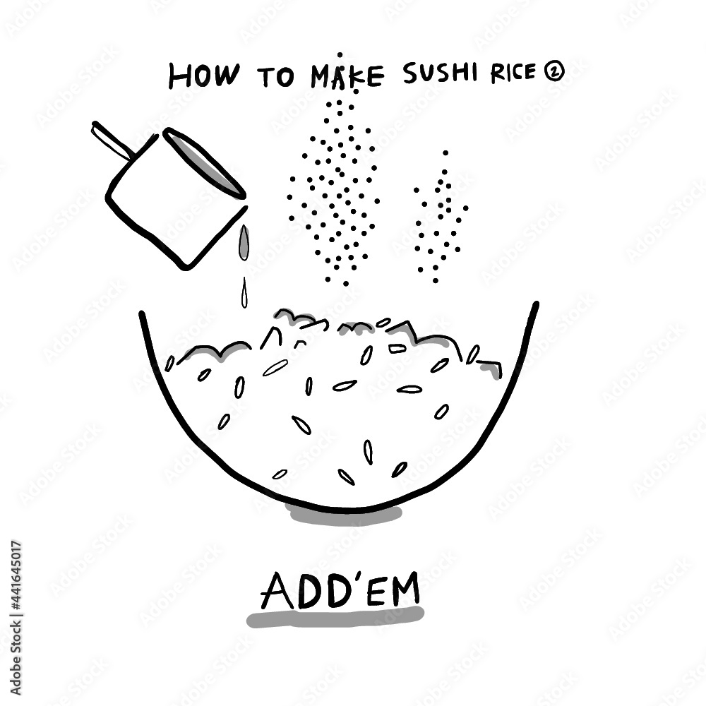 Hand drawn illustration of infographics of how to make sushi rice step 2 in simple drawing 