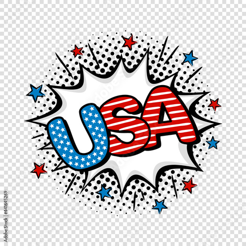 USA comic logo on transparent background. Cartoon White explosion with stars. Pop art vector illustration for July 4th in national colors of United States of America.