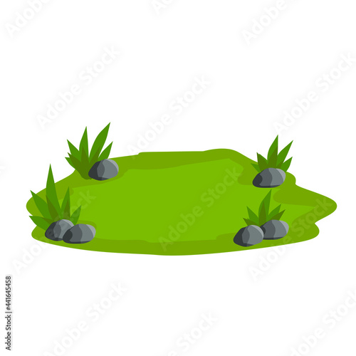 Landscape with grass, stones. Element of nature and forests. Background for illustration. Lawn, sward and greensward. Flat cartoon. Platform and ground