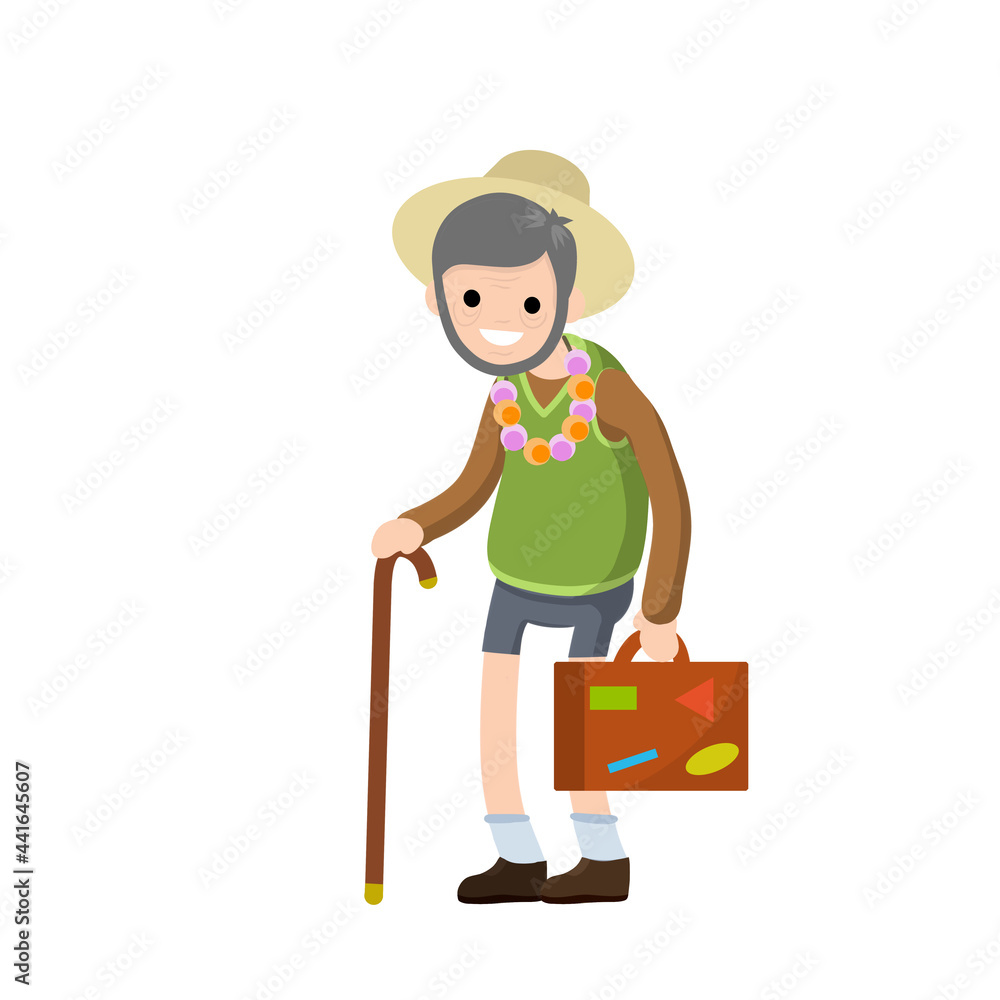 Old senior man in shorts and hat on vacation. Suitcase in hand for travel. Retirement. journey to South. Cartoon flat illustration. Trip of grandparent. Grandfather Traveler Old senior man in shorts and hat on vacation. Suitcase in hand for travel. Retirement. journey to South. Cartoon flat illustration. Trip of grandparent. Grandfather Traveler