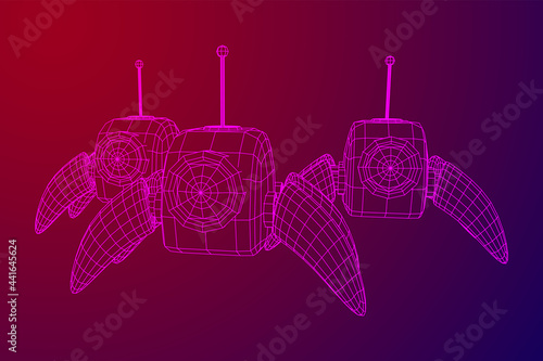 Spider robot with radar antenna. Nanobot, nanotechnology medical concept. Wireframe low poly mesh vector illustration