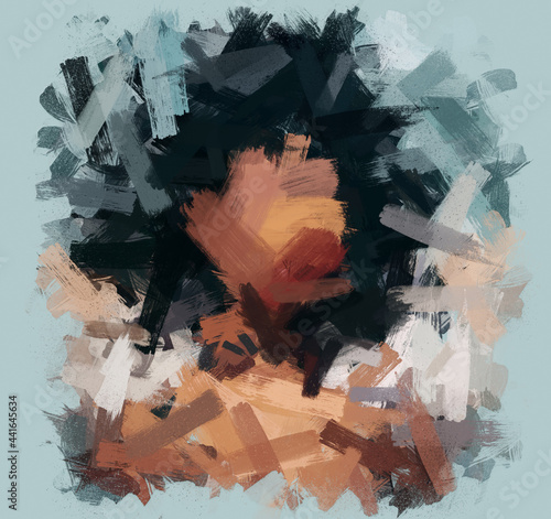 Interior oil painting made with straight strokes - Conceptual Portrait of a Girl in a Misted Mirror. Abstract drawing with rough strokes and bright colors.