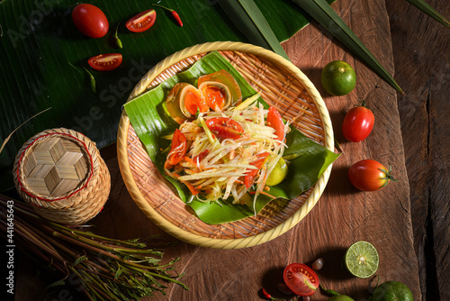 somtum spicy salad or papaya salad this thaifood in a top view Asia foods photo