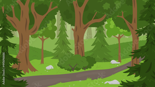 Summer forest background with trees, fir trees and bushes. Concept vector illustration. Perfect for background, wallpaper, poster or banner.