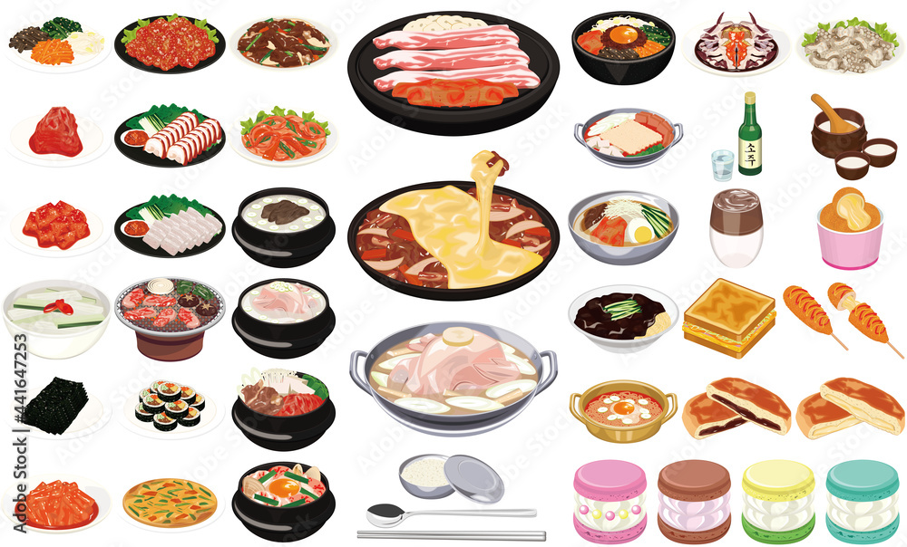 韓国の人気料理 グルメイラスト 焼肉 チーズダッカルビ ヤンニョムチキン トゥンカロン Stock Illustration Adobe Stock