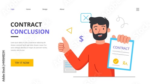 Young bearded man holding signed contract