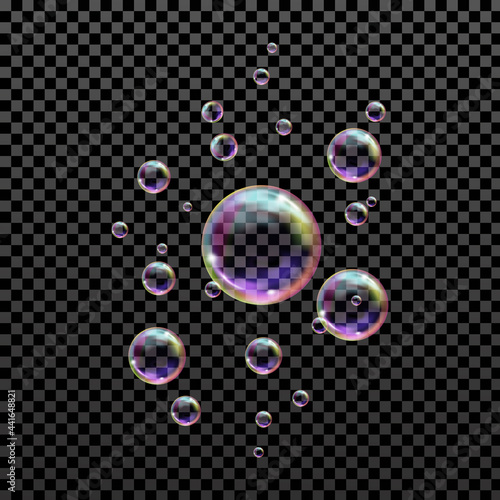 Realistic colored balls. Vector texture.Flying transparent soap bubbles.